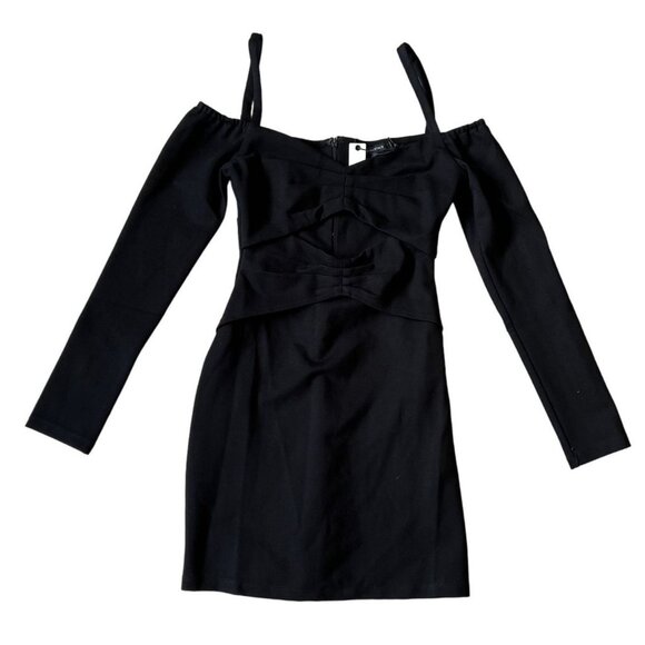 Oliveaceous Black Off-Shoulder Long Sleeve Sexy Midriff Cutout Mini Dress S NWT - Picture 1 of 8